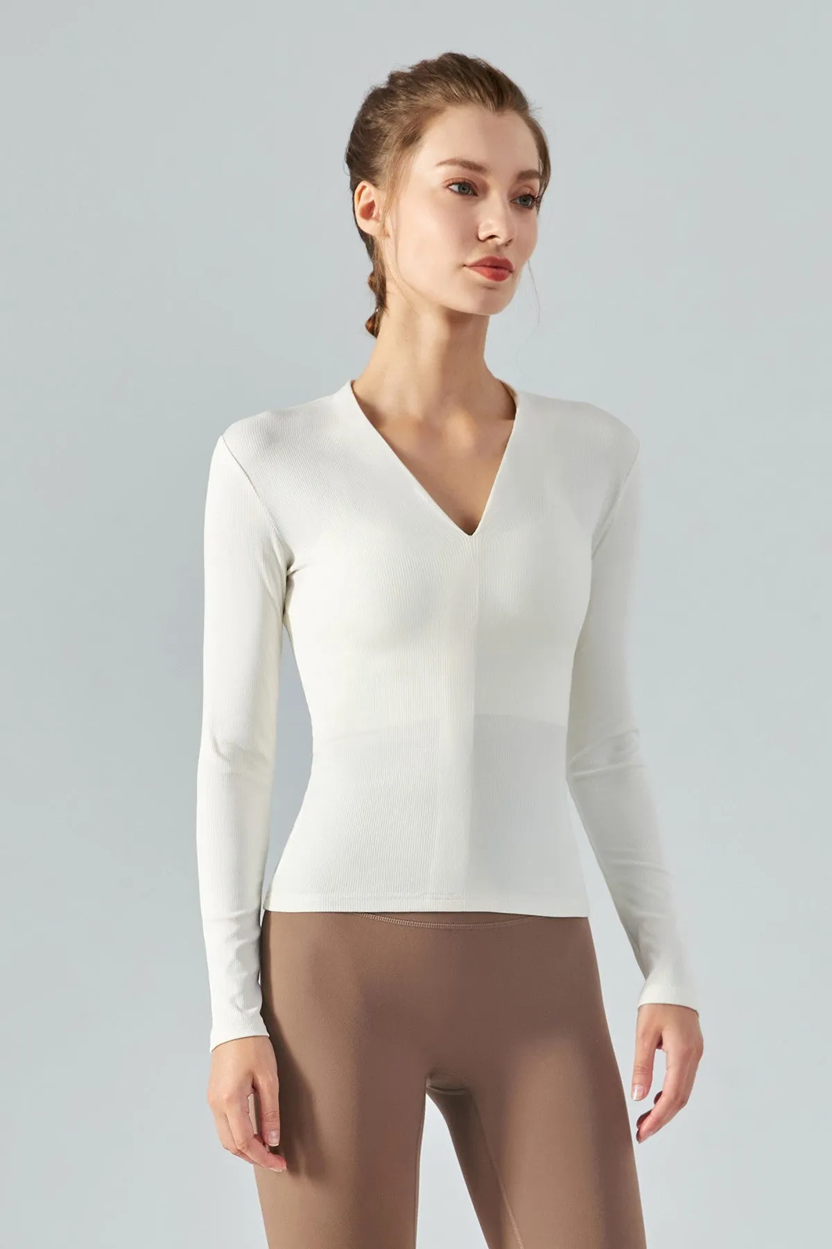Rib Knit V-Neck Long Sleeve Tops