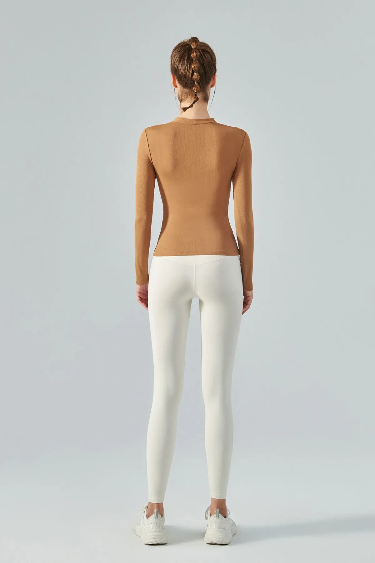 Rib Knit V-Neck Long Sleeve Tops