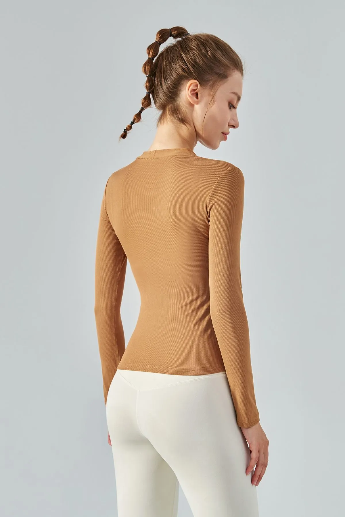 Rib Knit V-Neck Long Sleeve Tops
