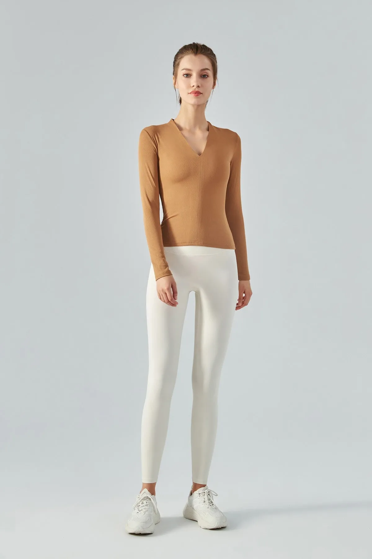 Rib Knit V-Neck Long Sleeve Tops