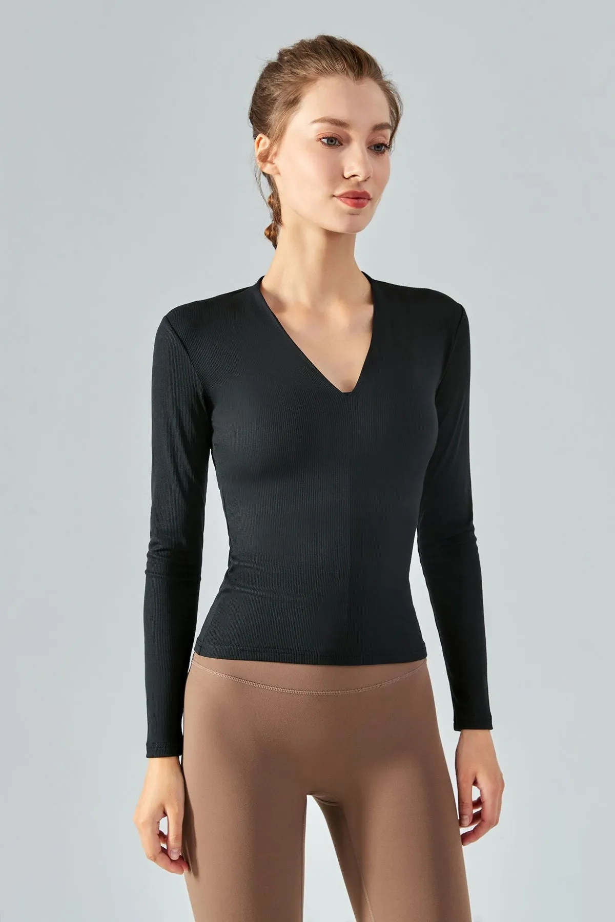 Rib Knit V-Neck Long Sleeve Tops
