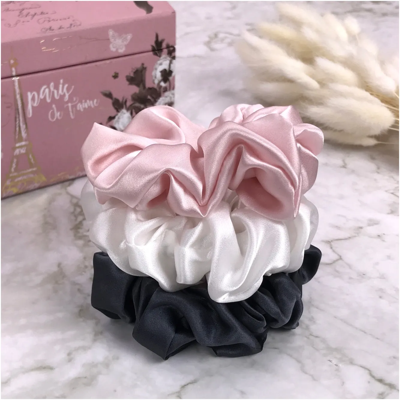Silk Hair Ties - Charcoal Ivory and Pink