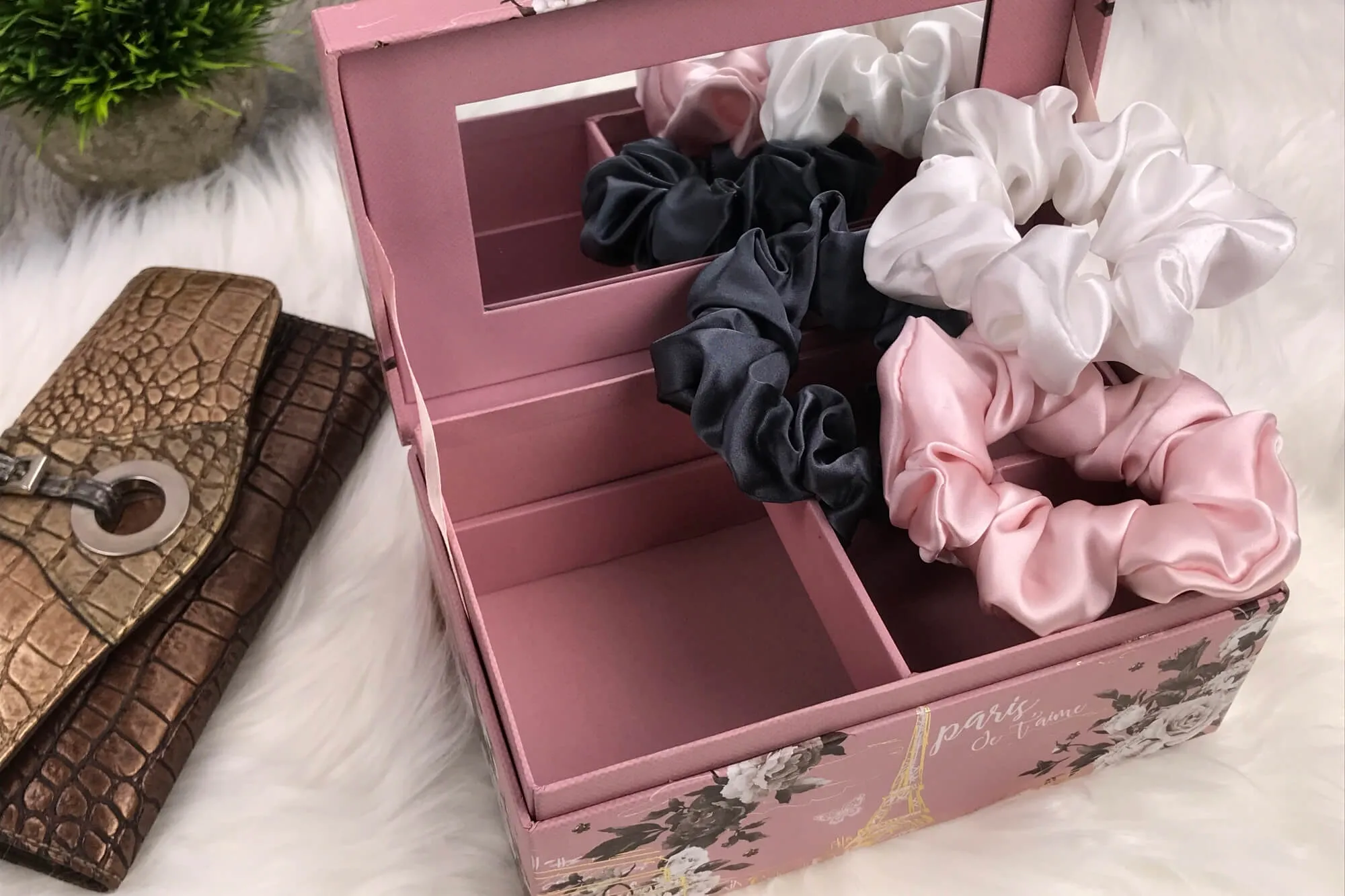 Silk Hair Ties - Charcoal Ivory and Pink