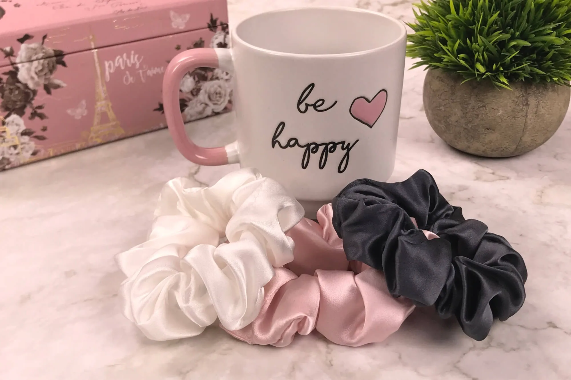 Silk Hair Ties - Charcoal Ivory and Pink