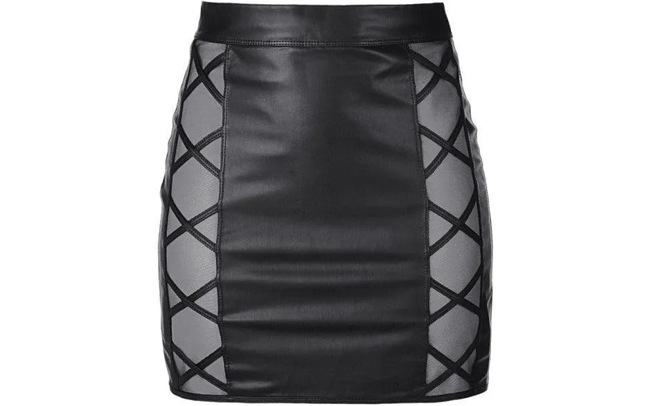 Stretch Wetlook Mesh Criss Cross Skirt Black