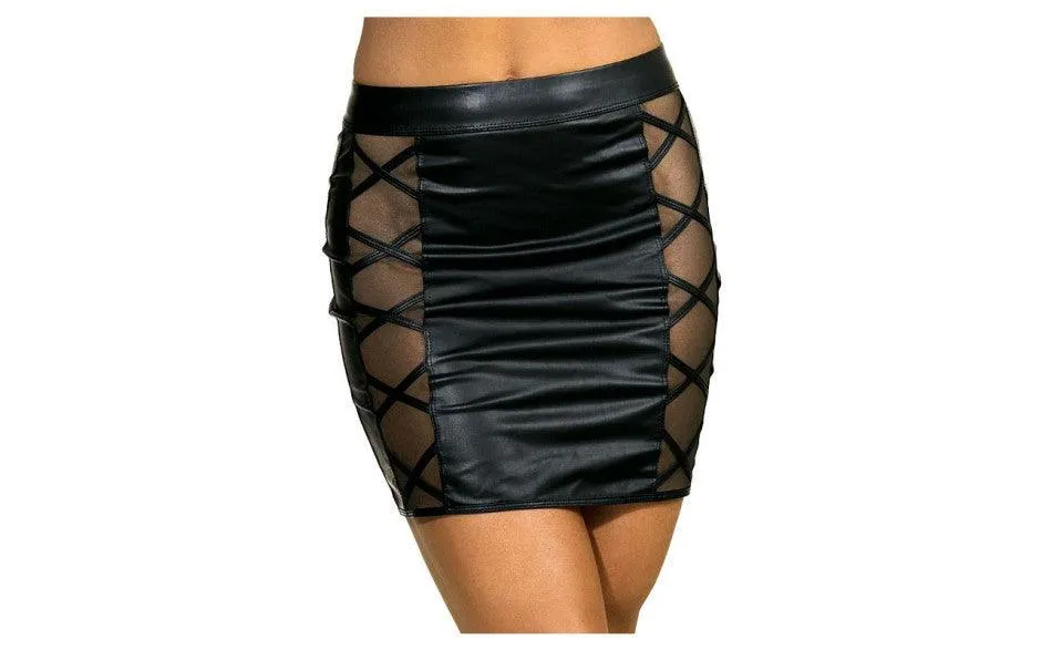 Stretch Wetlook Mesh Criss Cross Skirt Black