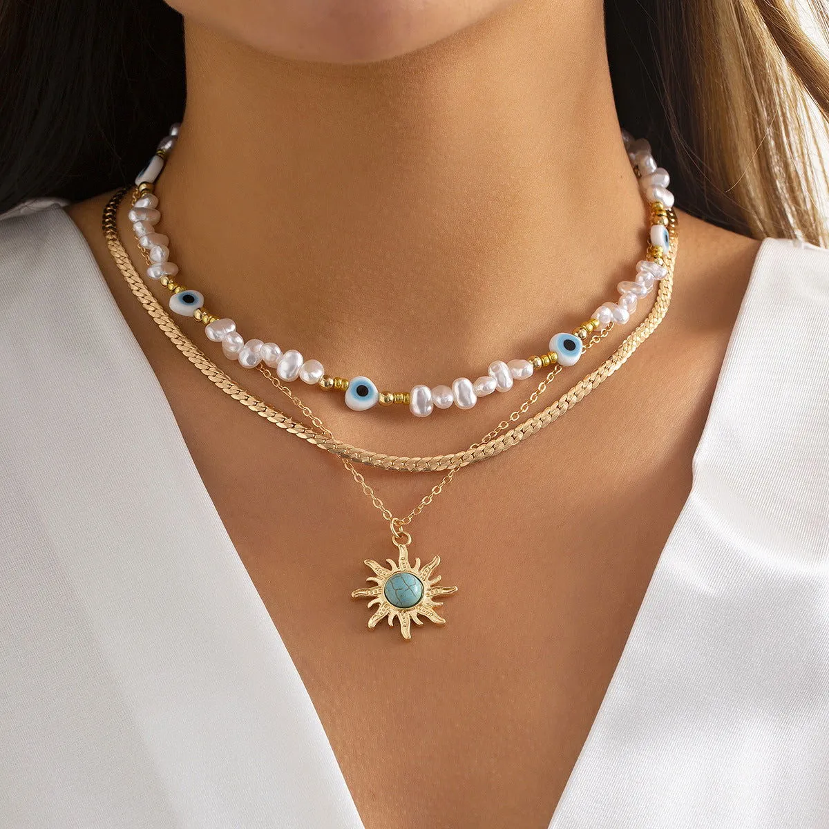 Stunning Eye Pearl & Sun Turquoise Pendant Necklace Sets