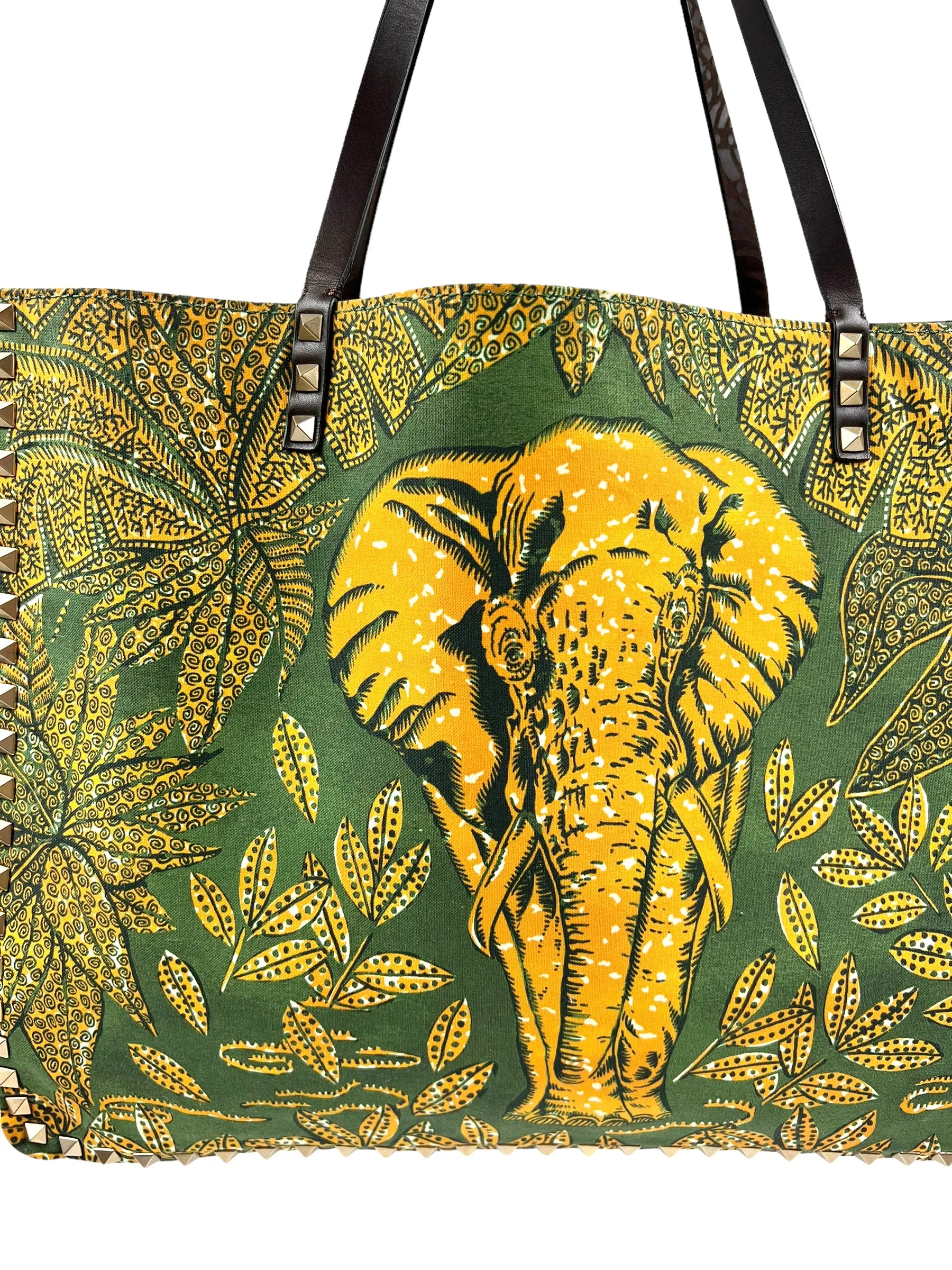 Valentino Garavani RARE Brown Leather Reversible Primitive Animal Elephant Studded Rockstud Tote