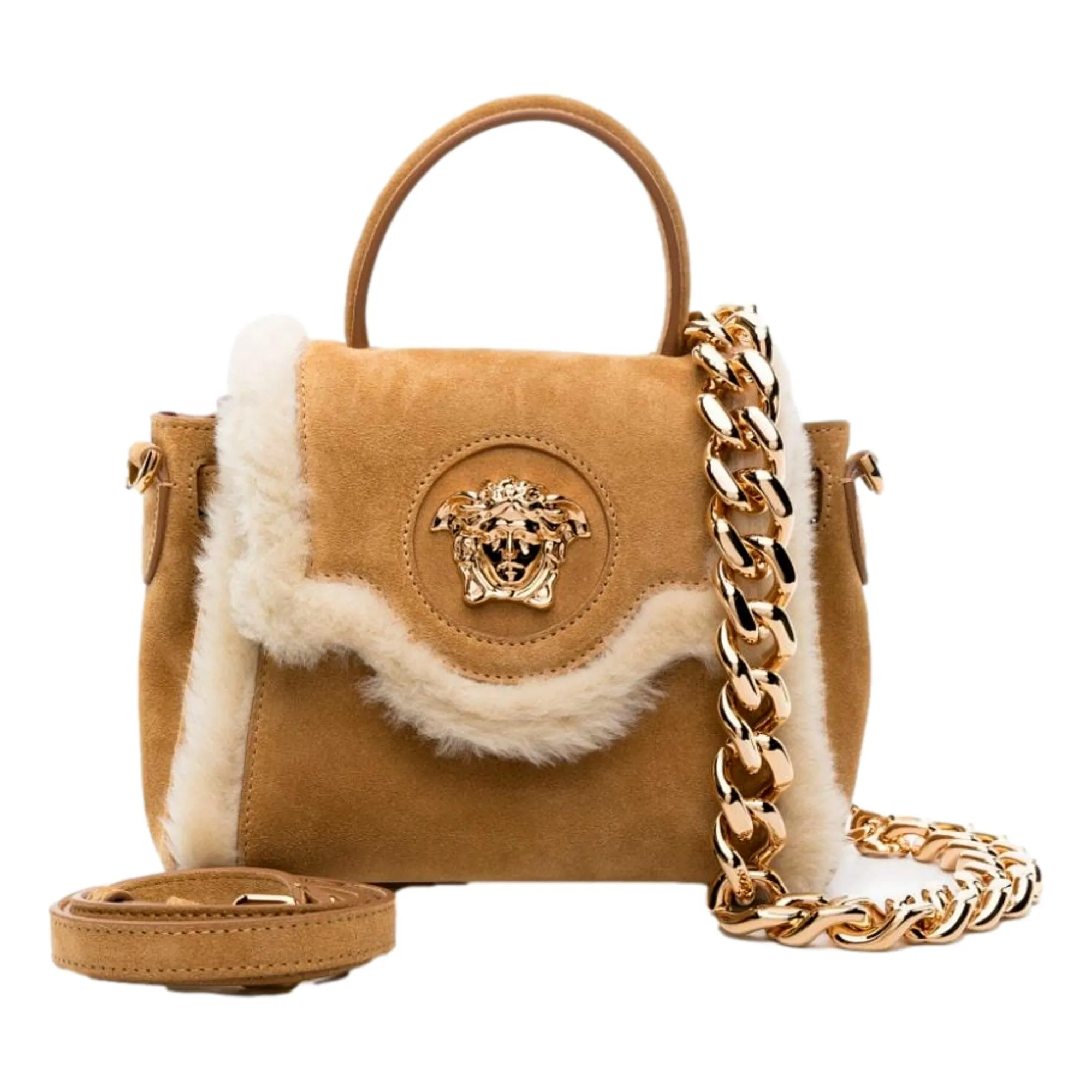 Versace La Medusa Mini Top-Handle Bag in Beige Sherling
