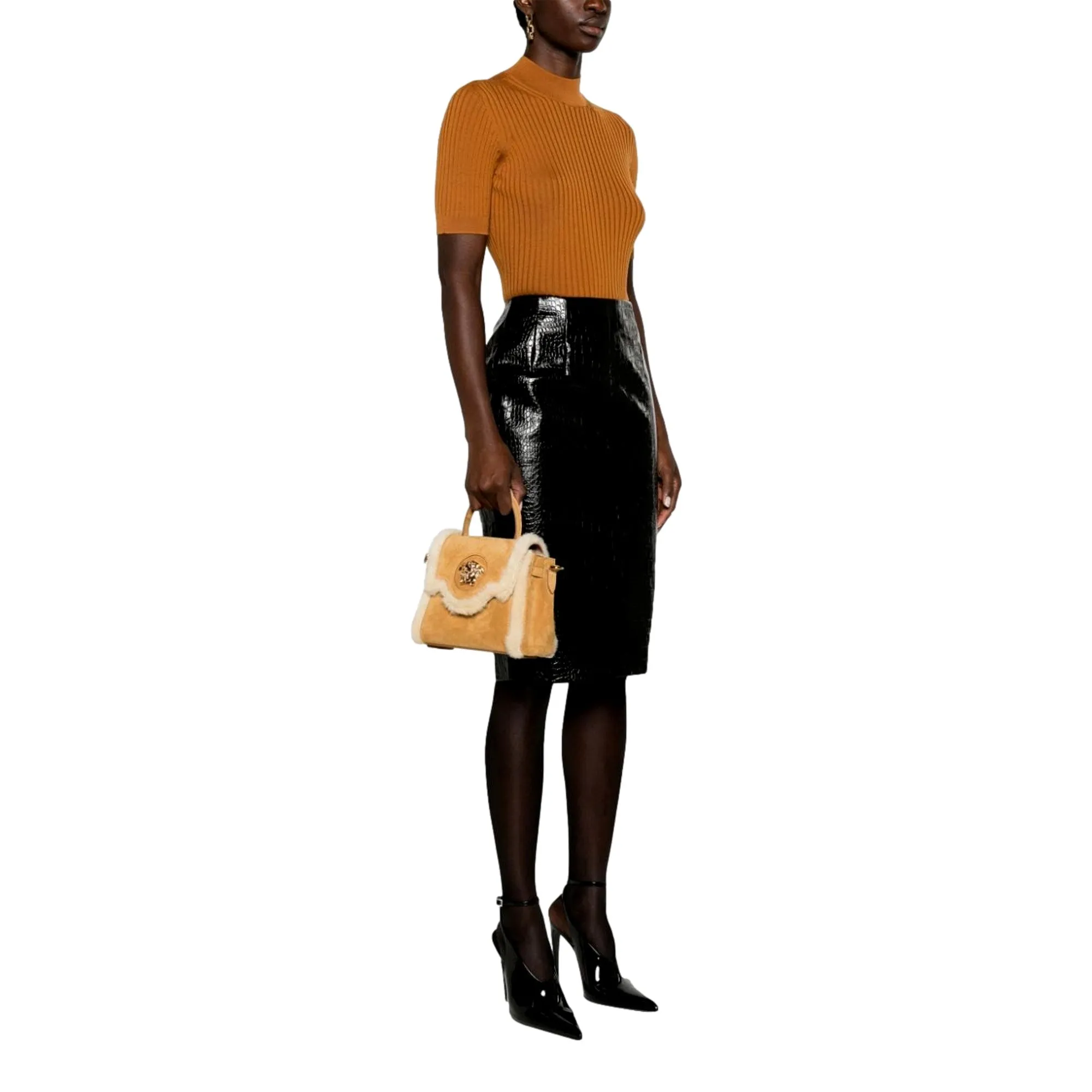 Versace La Medusa Mini Top-Handle Bag in Beige Sherling