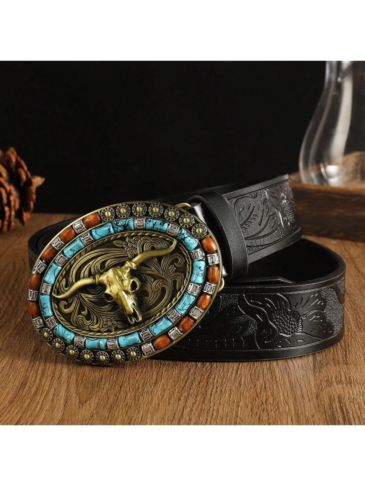 Western Cowboy Style Belt Buckle, Resin Big Crystal Decorated Bull Head