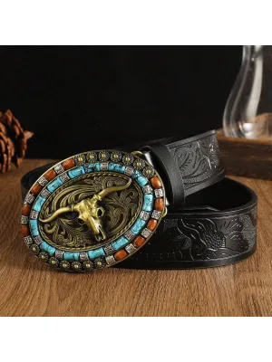 Western Cowboy Style Belt Buckle, Resin Big Crystal Decorated Bull Head