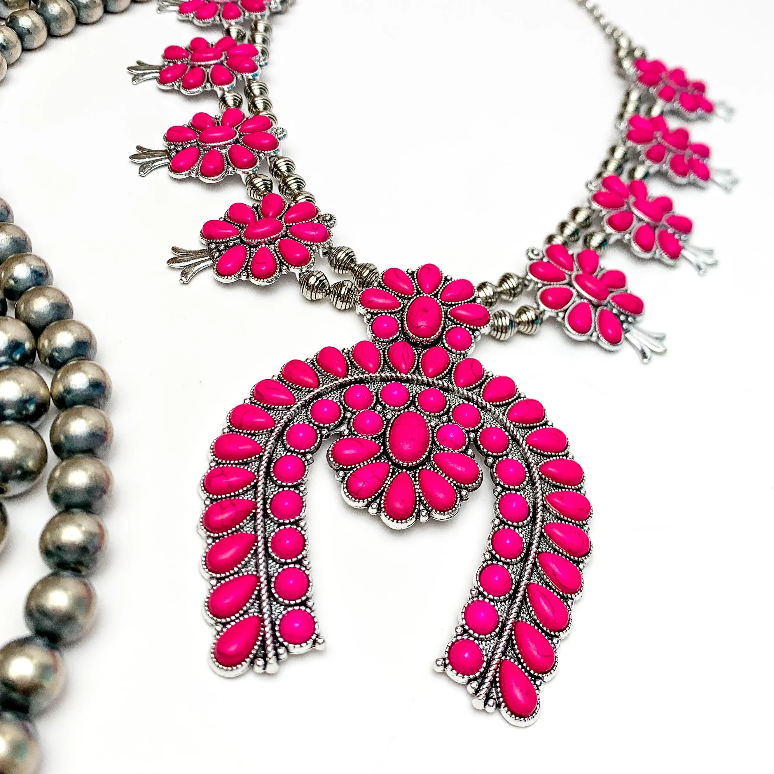 Western Women Squash Blossom Necklace in Hot Pink