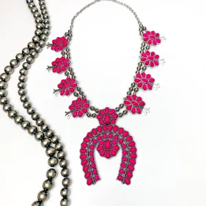 Western Women Squash Blossom Necklace in Hot Pink