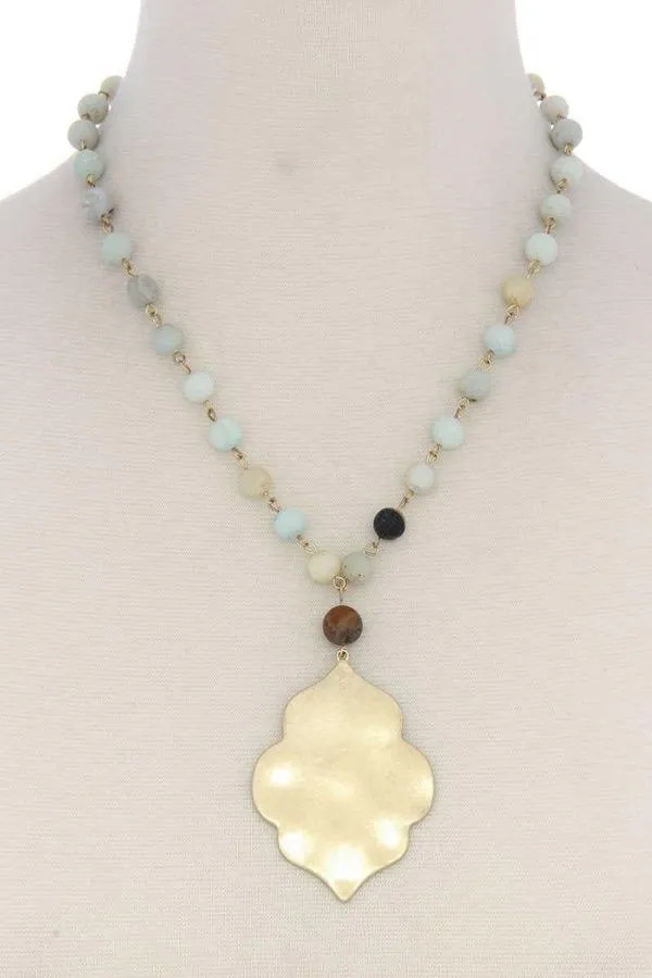 Womens Jasper Color Bead Necklace with Gold Tone Moroccan Shape Pendant
