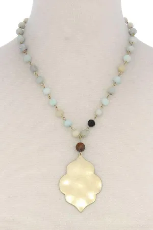 Womens Jasper Color Bead Necklace with Gold Tone Moroccan Shape Pendant
